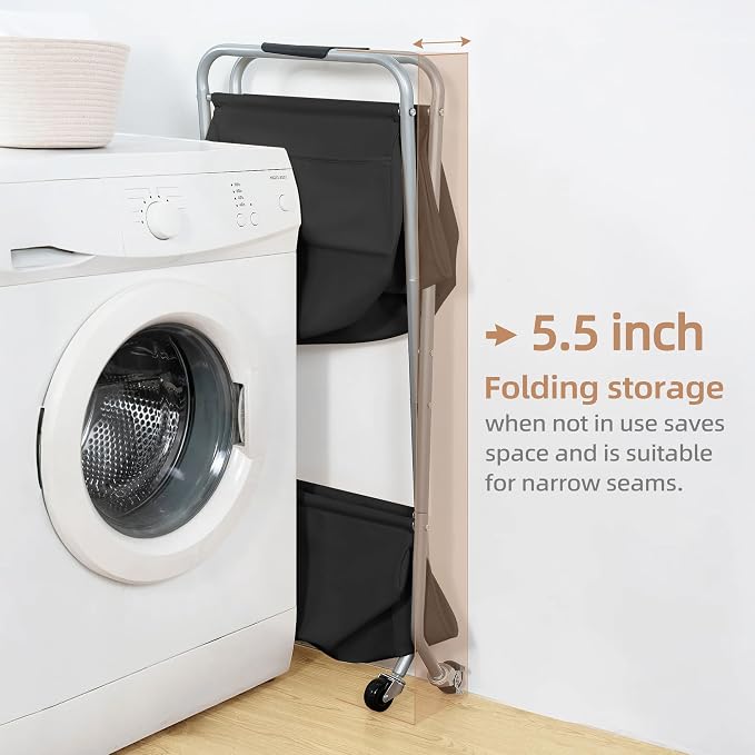 STORAGE MANIAC Collapsible Laundry Cart with Wheels 31.5"H Rolling Laundry Hamper Clothes Basket with Wheels, Canvas Liner Sturdy Steel Frame Folding for Small Narrow Space Easy Storage, Black - Image 3