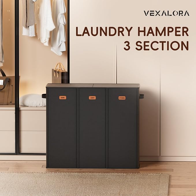 185L Laundry Hamper 3 Section, Laundry Hamper with Lid, Dirty Clothes Hamper with 3 Removable Washing Bags, Extra Large Laundry Basket Organizer for Bedroom, Laundry Room, Dorm - Black - Image 7