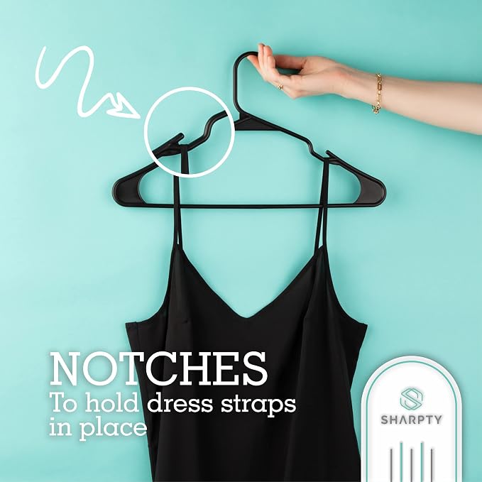 Sharpty Plastic Hangers Clothes Hangers for Clothing, Closet, Coats & Shirts - Notched, Durable & Space Saving - for Everyday Standard Use, Room Essentials & Basics - 50 Pack - Black - Image 4