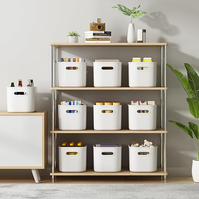 6 Pack White Storage Bins with Lids Stackable Storage Container for Organizing, Small Storage Boxes with Handle for Shelves, Cute Organizer Bins for Craft, Snacks, 9.85x6.9x5.7 inch - Image 3