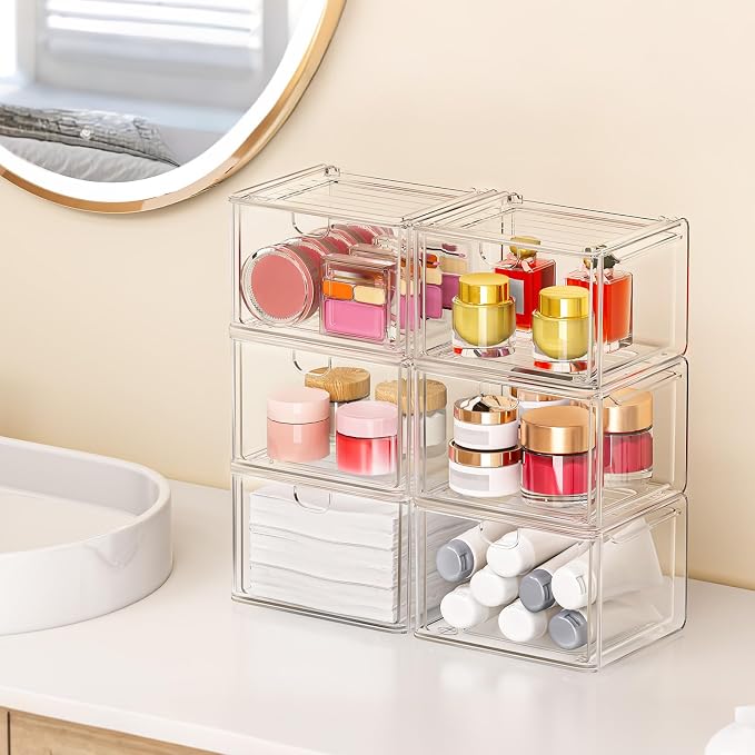 caktraie 6 Pack Small Stackable Stroage Drawers, Acrylic Bathroom Makeup Organizer, Plastic Storage Bins For Vanity, Undersink, Kitchen Cabinets, Pantry, Home Organization - Image 2