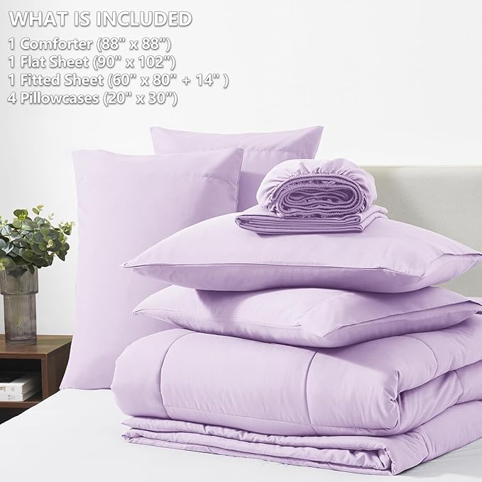 CozyLux Queen Comforter Set Lavender, 7 Pieces Bed in a Bag, Light Purple Comforters Queen Size, All Season Bedding Sets with Stitch Quilted Comforter, Flat Sheet, Fitted Sheet, Pillowcases
