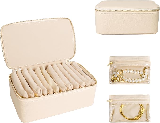 Travel Jewelry Case, Small Travel Jewelry Box with 12 Velvet Jewelry Bag Mini Pouch, Portable Travel Jewelry Organizer for Rings Earrings Necklaces (Beige 12 Pcs) by Unknown