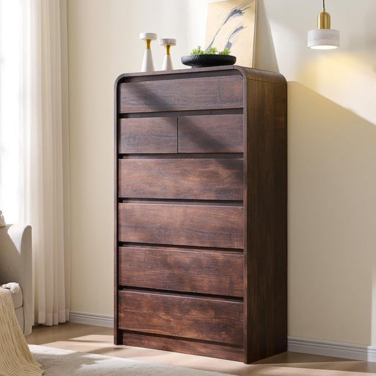 Aitjunz Modern 7 Drawers Dresser for Bedroom, 55" Tall Dressers & Chest of Drawers w/Curved Profile Design, Wood Mid Century Vertical Storage Dressers Organizer for Bedroom, Living Room, Brown