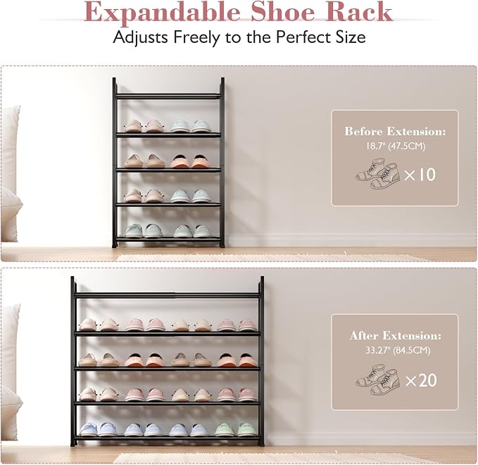 Bumusty 5-Tier Expandable Shoe Rack for Closet, 18“-33” Adjustable Shoe Rack for Small Space, Small Shoe Organizer for Front Door, Sturdy Metal (Black) - Image 5