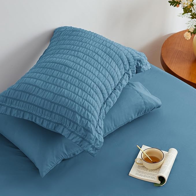 Love's cabin Seersucker Misty Blue King Size Comforter Set, 7-Piece All Season Lightweight Bed in a Bag Bedding Set with Comforter, Flat Sheet, Fitted Sheet, Pillowcases and Shams | Soft, Breathable, Lightweight