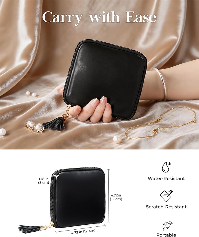 Lolalet Travel Jewelry Case Organizer, Small Jewellery Pouch with Compartments for Storage, Soft Velvet Bag for Traveling Women, Full-Zip Packing for Necklaces, Earrings, Bracelets -Black - Image 3