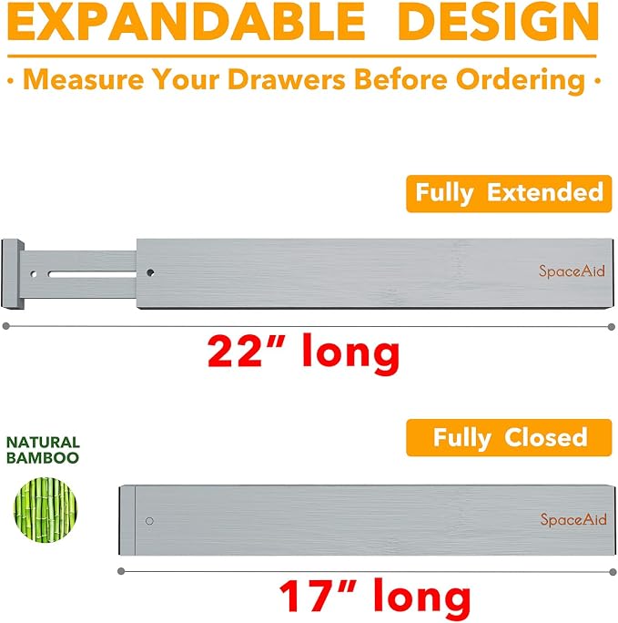SpaceAid 4 Pack Bamboo Drawer Dividers with Labels, Kitchen Adjustable Drawer Organizers, Expandable Organization for Home Clothes Dressers (17-22 in, Gray) - Image 3
