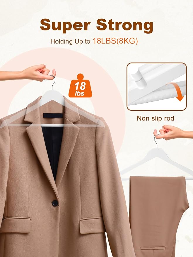 HOUSE DAY White Wooden Hangers 30 Pack, Solid Wood Hanger with Non Slip Pant Bar, Heavy Duty Wooden Coat Hanger for Closet, Smooth Finish Wood Clothes Hangers for Shirts, Suits Jackets, Dress - Image 3