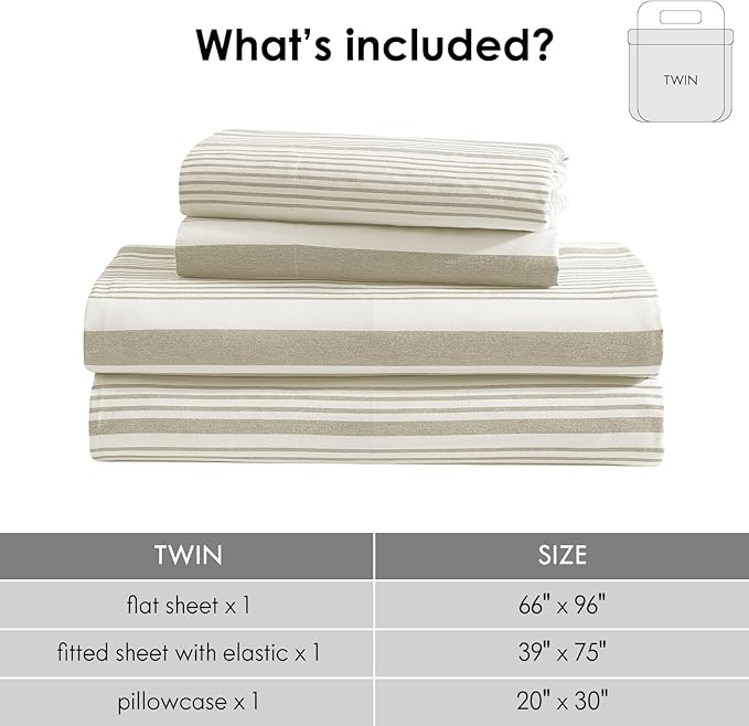 ClevaHome Classic Stripe Sheet Set - 3 Pieces Super Soft & Breathable Bed Sheet Set with Deep Pocket, Enhanced Comfort & Easy Care (Twin, Desert Stripe)