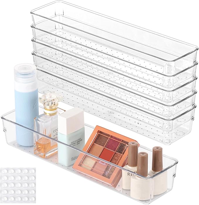 Ohlove 6 Pcs Large Clear Plastic Drawer Organizers Tray 12"x3" Storage Bins with 25 Pcs Non-Slip Pads for Makeup, Jewelries, Kitchen Utensils, Bathroom and Office by Ohlove