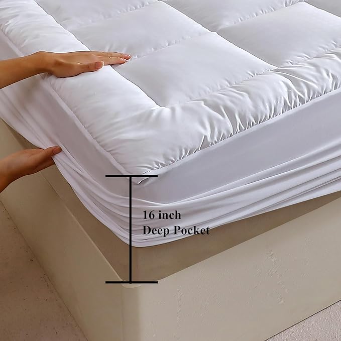Quilted Fitted Mattress Pad, Quilted Fitted Premium Mattress Protector, Elastic Fitted Mattress Topper Protector and Cover Stretches up to 16 Inches Deep, Breathable, Machine Washable (White, Queen)