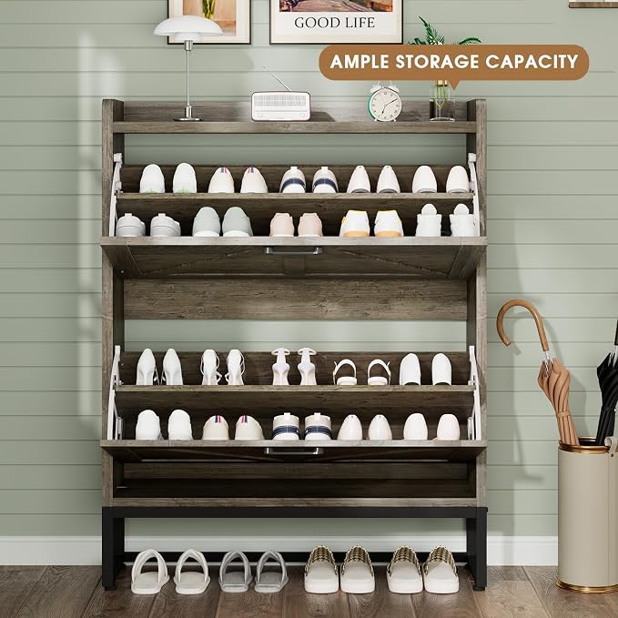 GRUSIGN Shoe Cabinet, Shoe Storage Cabinet with 2 Flip Drawers & Adjustable Shelf, Space-Saving Shoe Organizer – Holds 16+ Pairs, Narrow Shoe Cabinet Storage for Entryway/Hallway（Grey） - Image 3