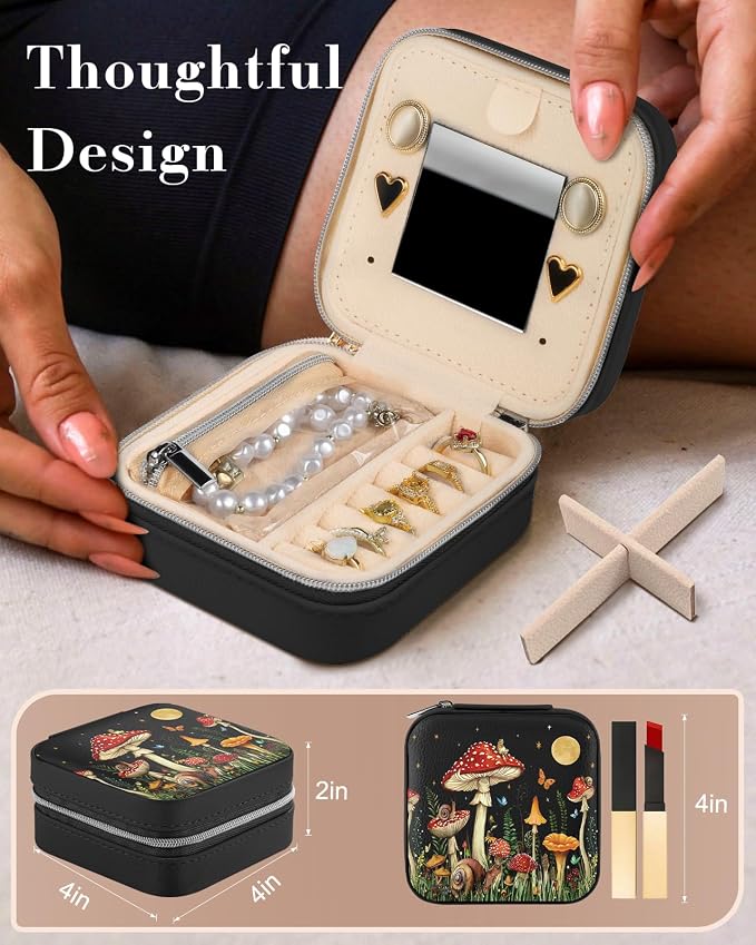 Bistup Travel Jewelry Case - Small Jewelry Organizers and Storage Box for Women Girls Teens Cute Traveling Jewelry Holder with Mirror Little Tiny Compact Modern Unique Aesthetic Pretty, Mushroom - Image 2