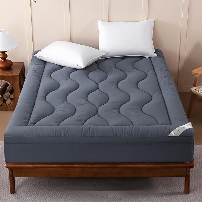 YOUR MOON 100% Organic Wool Mattress Topper Queen Size, Thick Pillow Top Mattress Pad, 800GSM Natural Wool Filling, Back Pain Relief Bed Topper with Cotton Cover-16'' Depth, 60"x80" (Gray)