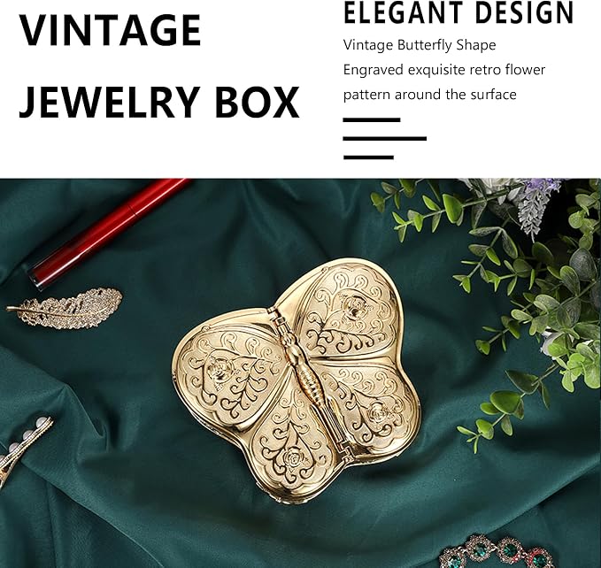 Hipiwe Jewelry Box Vintage Treasure Chest Butterfly Shape Decorative Keepsake Holder for Necklace Ring Earrings Storage Organizer Gift for Woman, Large - Image 4