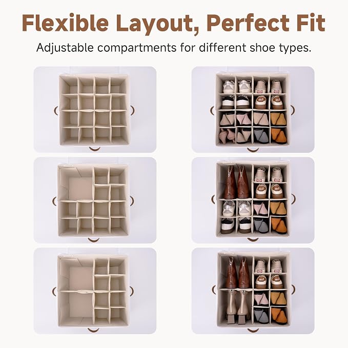 StorageWorks 2 Pack Shoe Organizer for Closet, Foldable Shoe Storage Box with Adjustable Dividers, Fabric Shoes Container, Stackable Storage Bins for Boots, Sneakers, Fits up to 16-32 Pairs, Beige - Image 2