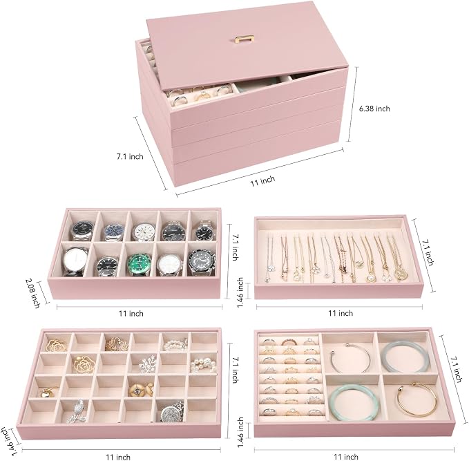 Voova Stackable Jewelry Organizer Tray with Lid, PU Leather Jewelry Storage Holder for Drawer Inserts, Jewellery Display Box Case for Earring Necklace Ring Watch Bracelet (Set of 4, Rose Gold) - Image 5