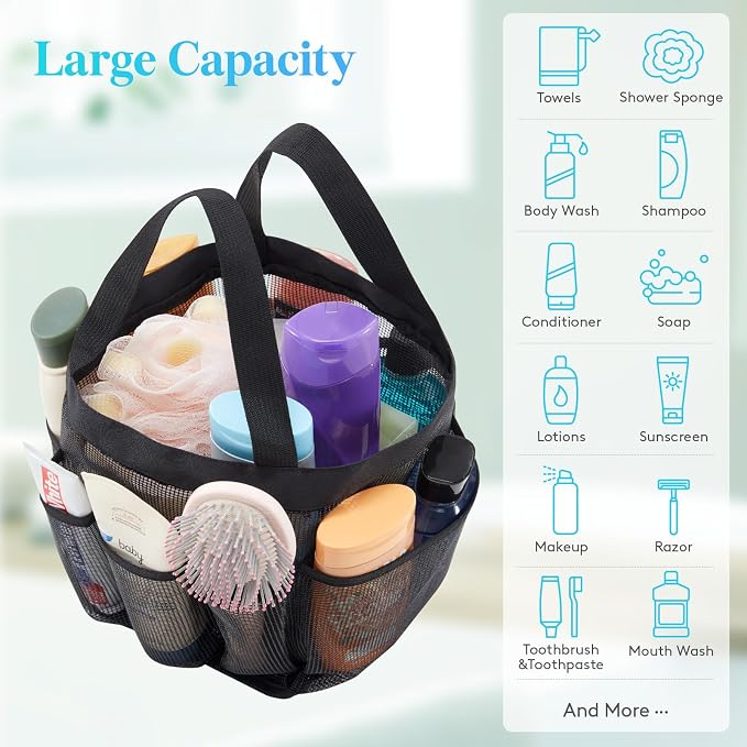 Lifewit Mesh Shower Caddy Portable for College Dorm Room Essentials with 7 Pockets, Freestanding Hanging Organizer Basket, Quick Dry Tote Bag for Camping, Bathroom, Beach, Travel, 1 Pack, Black - Image 4
