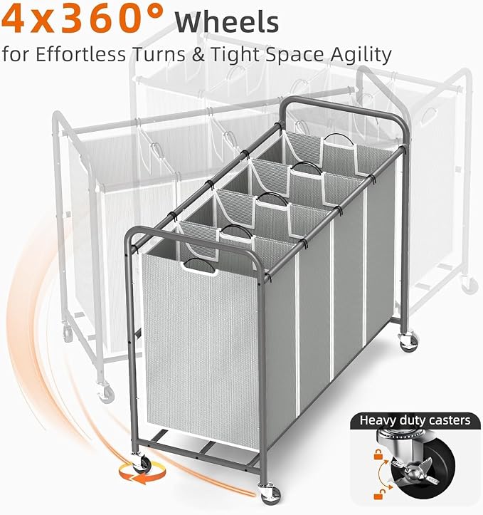 ROMOON Laundry Hamper Sorter Cart: 4-Section Organizer with Heavy-Duty Lockable Wheels and Removable Bags | 180L Rolling Laundry Basket for Dirty Clothes in Laundry Room or Small Spaces (Gray) - Image 6