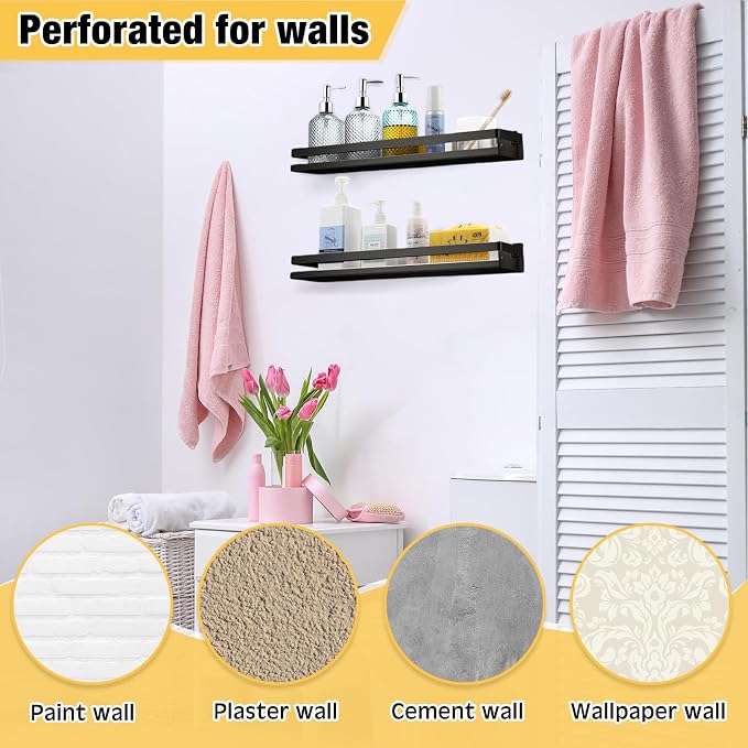 Lallisa 2 Pieces Stainless Steel Shelf Bathroom Shower Floating Shelves Wall Mounted Shower Caddy Basket Shelf Storage Organizer Shelves for Bathroom, Kitchen, Living Room(19.69 Inches/ 50 cm,Black) - Image 6