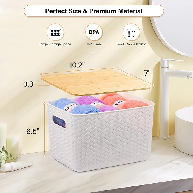 Ohmlove 4 Packs Storage Bins with Bamboo Lids - Plastic Storage Containers with Lids Stackable Storage Box：Storages Baskets for Organizing Desktop Closet Playroom Classroom Office,White - Image 2