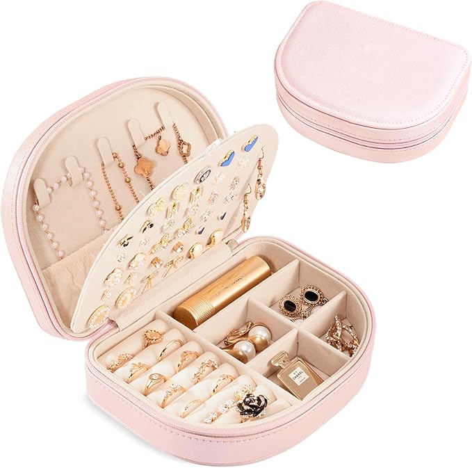 ProCase Travel Size Jewelry Box, Medium Portable Seashell-Shaped Jewelry Case, 2 Layer Jewelry Organizer in PU Leather for Women -Glossy Pink by ProCase