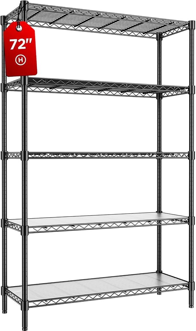45" W Storage Shelves 5 Tier Wire Shelving, Adjustable Metal Shelving Unit with Shelf Liners, 1875LBS Heavy Duty Storage Rack for Garage Pantry Kitchen Commercial, 45" W x 16" D x 72" H, Black by RackBro