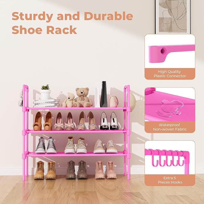 LANTEFUL 3 Tier Shoe Rack for Closet, Shoe Organizer with 5 Hooks, Long Shoe Shelf Storage for Shoe and Boot Stackable Free Standing Shoe Rack for Entryway, Garage, Small Spaces, Dorm, Pink - Image 4
