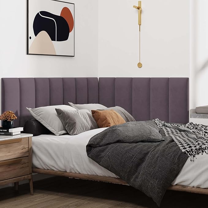 IFNOW Wall Mounted Upholstered Headboard King, 3D Peel and Stick Soundproof Panels, Reusable and Removable Padded Leather Bed Headboard, 12 Panels 9.84" x 23.62", Dark Purple