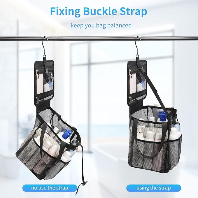 Mesh Shower Caddy Portable, Quick Dry Hanging Toiletry Bag for College Dorm Essentials with 4 Pockets/Divider/Plastic Bottom, Travel Tote Bag for Camping, Bathroom, Beach, Swimming, Gym - Image 4