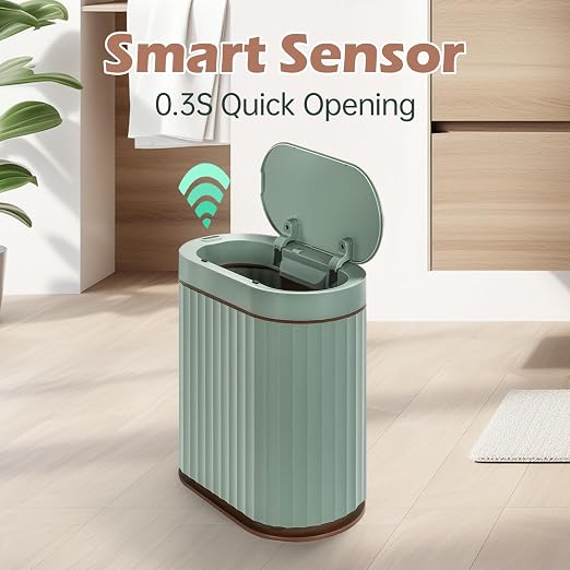 ELPHECO Bathroom Trash Can with Automatic Lid, 2 Gallon Sensor Trash Bin, Smart Garbage Can, IPX5 Waterproof Slim Trash Bin, Motion Sensor Wastebasket for Office, Kitchen, Sage Green Gold - Image 3
