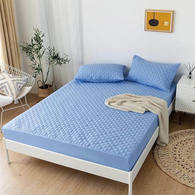 jejeloiu Blue Quilted Mattress Pad, 100% Waterproof Breathable Queen Bedding Fitted Sheet Mattress Protector 14" Deep Pocket Cotton Snow Down Alternative Filling Mattress Cover (Queen,Blue)