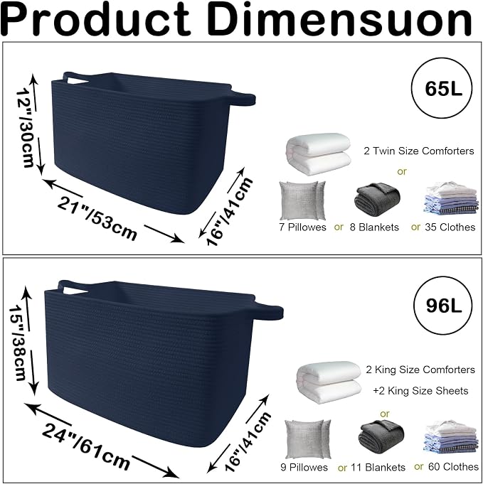 Large Blanket Basket,Woven Rope Basket Storage Bin with Handles,65L Rectangle Laundry Basket for Magazines,Toys,Clothes,Newspaper Shelf Organization,Nursery and Living Room,Navy - Image 2