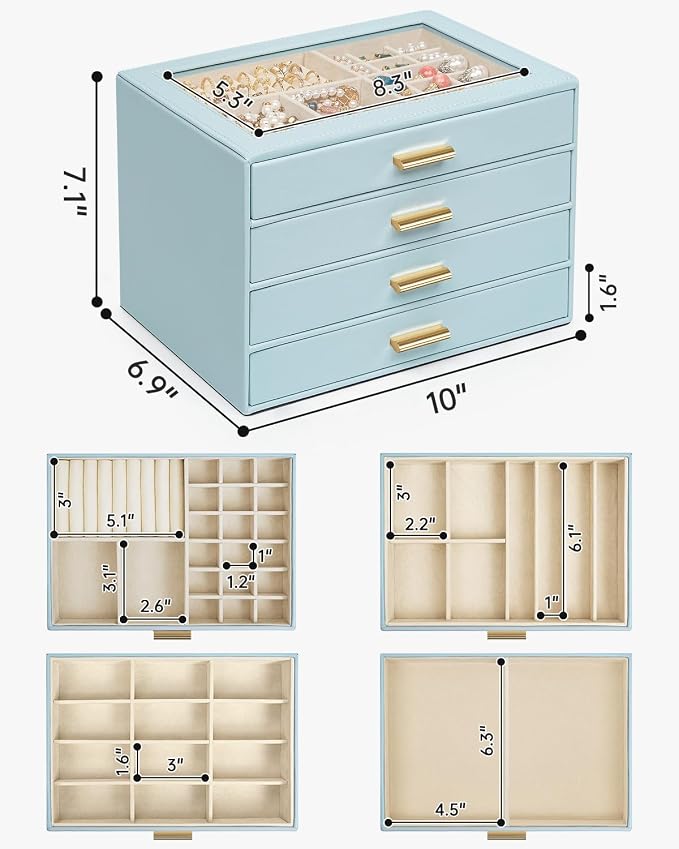 AKOZLIN Jewelry Box with Clear Lid Functional Leather Jewelry Storage Organizer Case 4 Drawers for Women Girls Necklace Ring Bracelet Earring BlueGrey - Image 2