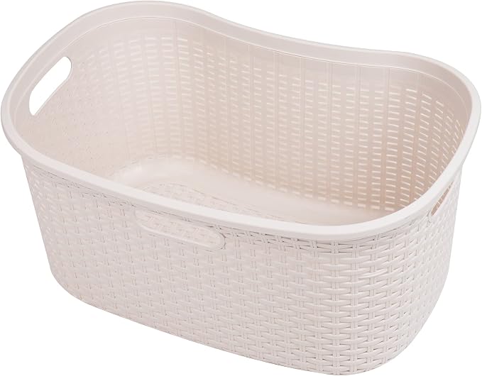 Mind Reader 40L Laundry Basket, Clothes Hamper, Premium Wicker Design, Plastic, Set of 2, Ivory - Image 6