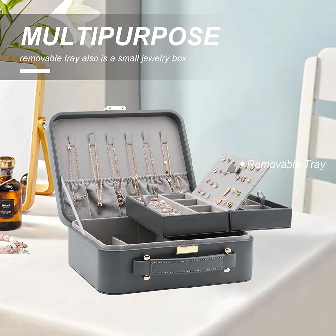 Travel Jewelry Case Large Jewelry Box Jewelry Travel Organizer Jewelry Case with Handle Removable Tray Best Gift for Women Girls (Grey) - Image 7