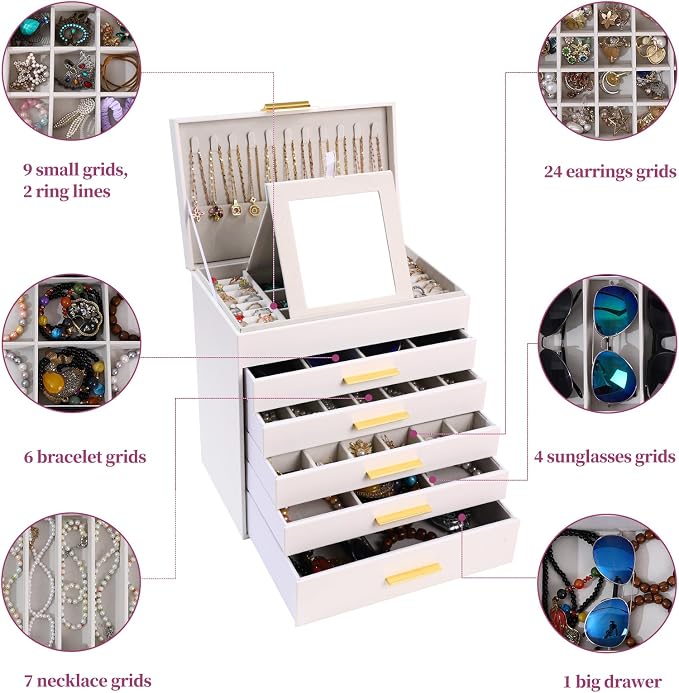 BOOVO Jewelry Boxes for Women, White and Black 6 Layer Large Jewelry Box for Necklace, Bracelet, Earrings, Rings Storage, Jewelry holder Organizer for Girls Gift (White and Gold, 6 layer) - Image 5