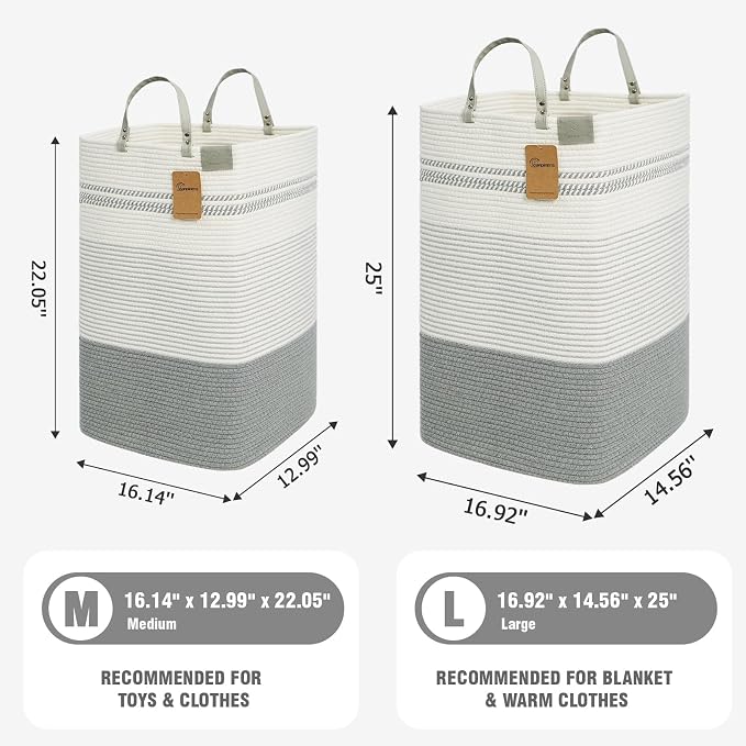 danpinera 75L Woven Laundry Hamper with Long Leather Handles, Baby Laundry Basket for Nursery, Tall Hampers for Bedroom Aesthetic, Decorative Clothes Storage Basket for Family White & Gray - Image 4