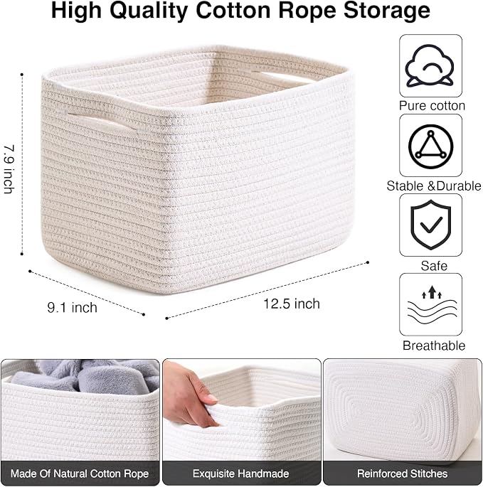 ICERZCZ Storage Baskets for Organizing, Woven Basket for Storage, Storage Baskets Bin for Shelves, Cotton Rope Basket with Handles, 12.5"Lx9.1"Wx7.9"H, (4 Packs) Off White - Image 3
