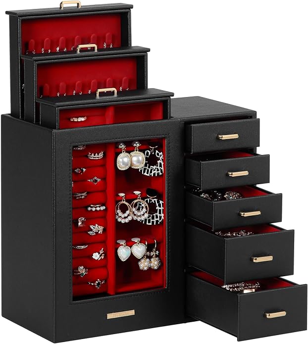 Homde Large Jewelry Box/Organizer/Case with Glass Window, Drawers for Necklaces Earrings Rings Bracelets Watches Gift for Women Girls by Homde