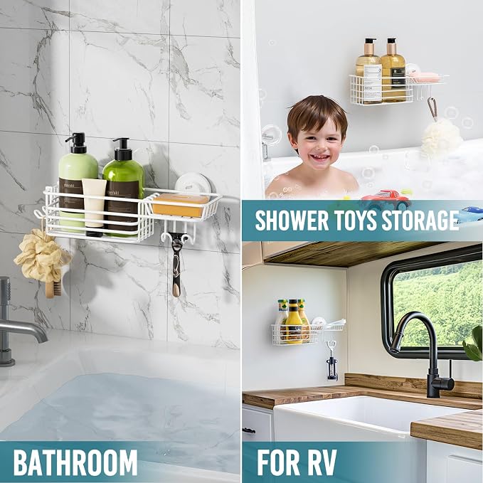 TAILI Shower Caddy Suction Cup with Hooks & Soap Holder, Heavy Duty Bathroom Shower Organizer, No Drilling Shelves for Inside Bathroom, Metal Storage Basket - Image 6