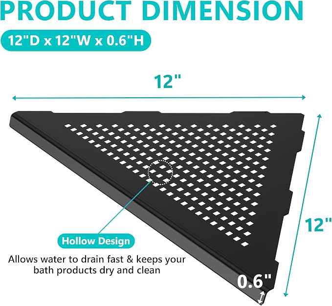 Qeke Bathroom Corner Shelf, Recessed 12" Shower Shelf Caddy, SUS304 Stainless Steel Shelf Wall Mount Triangular, No Drilling, Matte Black - Image 2