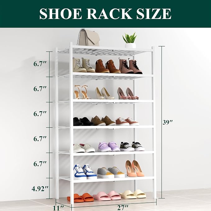 Smiry Shoe Rack, 6 Tier Thick Bamboo Shoe Organizer, Stackable Free Standing Wooden Shoe Storage Shelf for Closet, Entryway, Front Door Entrance, White - Image 2