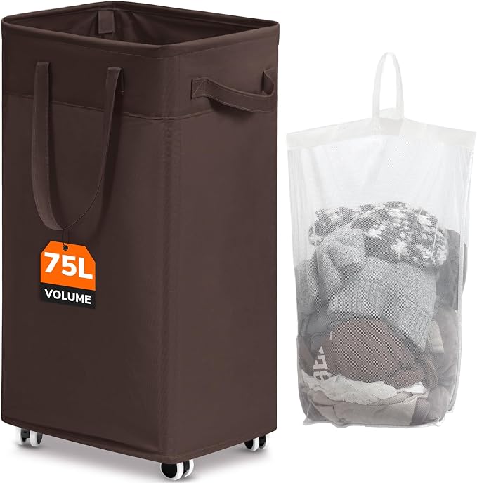 CHICVITA Rolling Laundry Hamper with Wheels, 75L Clothes Hampers for Laundry and Removable Wash Bag, Large Laundry Basket for Living Room, Coffee by CHICVITA