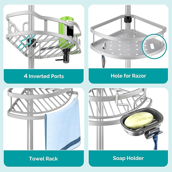 HAMITOR Corner Shower Caddy Tension Pole: Rustproof 4-Tier Bathroom Organizer Shelves for Bathtub Shampoo Storage - 47-121 Inch Quick Install Adjustable Rod Standing Rack with Soap Rack - Silver Gray - Image 6
