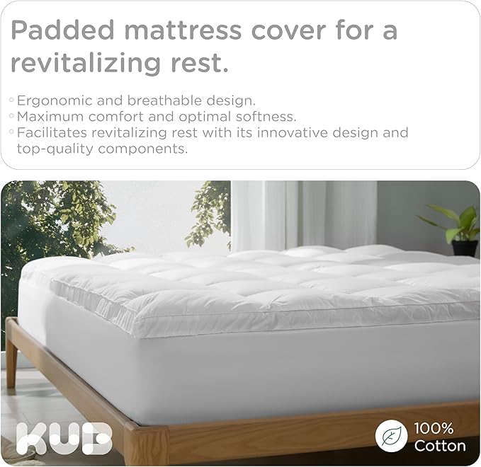 KUB Cotton Mattress Topper, Queen, Cooling Cotton Pillow Top with 8-21 Inch Deep Pocket, 3D Snow Down Alternative Fill, Breathable Fluffy Mattress Pad Cover (White, Queen 80 * 60inch)