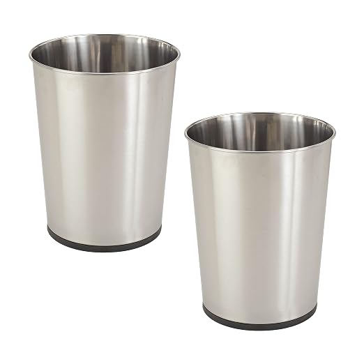 Bath Bliss 5 Liter Small Wastebasket | 2 Pack | Round Open Top | Trash Can | Bathroom | Bedroom | Kitchen | Office | Dorm | Disposal Waste Bin | Garbage | Stainless Steel by BathBliss