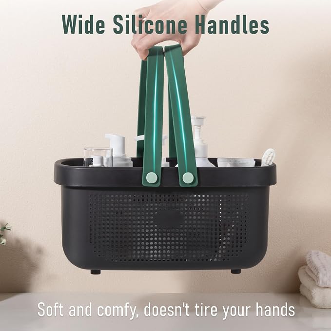 JiatuA Plastic Storage Basket with Handle Portable Shower Caddy Tote Organizer Basket Bin for Bathroom Kitchen Dorm Room Bedroom, Black Green - Image 5