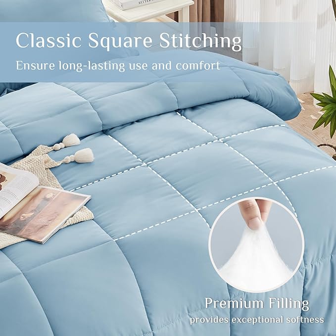 JOLLYVOGUE Queen Comforter Set, Ultra-Soft Bed in a Bag Queen Size 7 Pieces, Oeko-TEX Certified Bedding Set with Down Alternative Comforter, Sheets, Pillowcases & Shams, Lake Blue